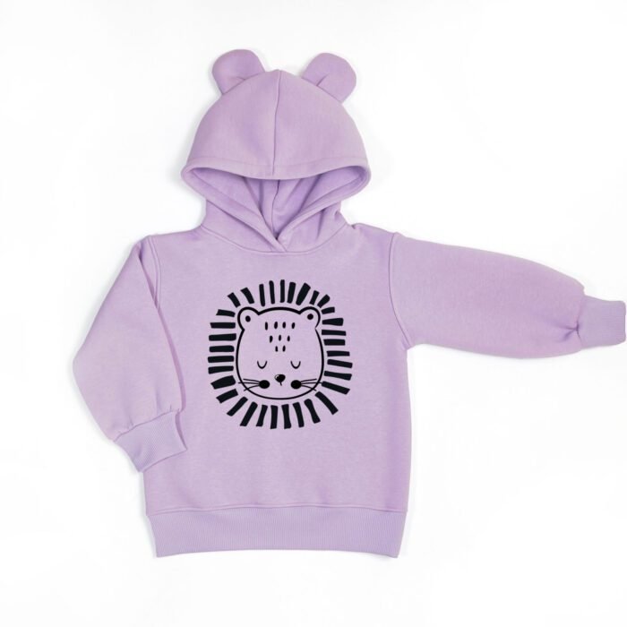 Pašiltintas, ilgintas džemperis su pūkeliu, liūtuko aplikacija ir ausytėmis