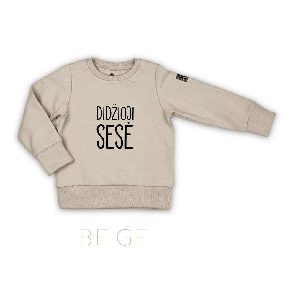 Vaikiškas džemperis didžioji sesė beige lietuviškas džemperis stilingiems vaikams. Kokybiški vaikų drabužiai internetu sukurti Lietuvoje. Rankų darbo.Stilingi vaikų rūbai internetu, vaikų drabužiai, vaikų apranga, laisvalaikio kostiumas, laisvalaikio kostiumėlis, rankų darbo drabužiai vaikams, vaikų drabužiai, drabužiai vaikams