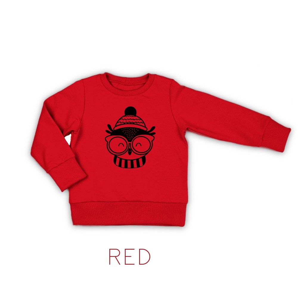 raudonas kaledinis dzemperis peledziukas Kalėdinis raudonas džemperis vaikams su pelėdžiuku. Pelėdžiukas su šilta kepure