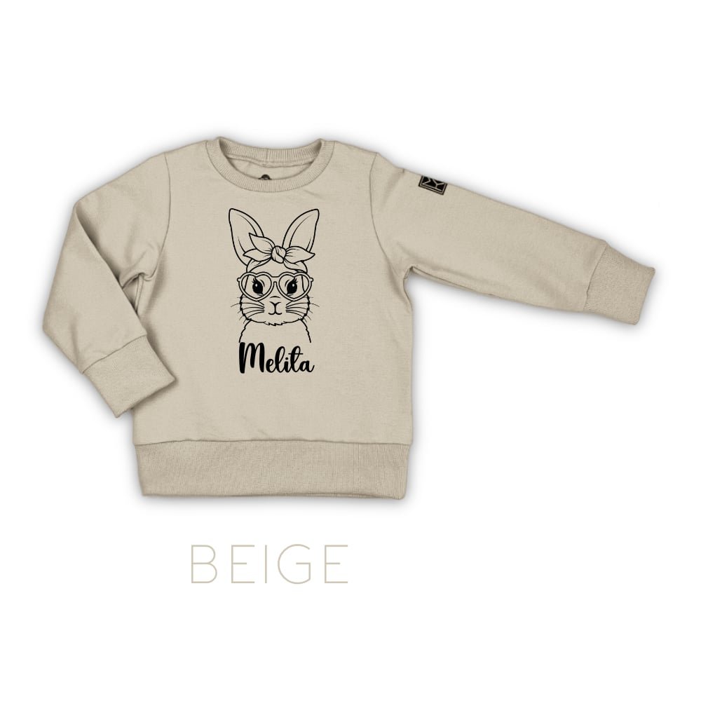 Bow bunny su vardu beige DŽemperis su zuikiu su kaspinu. ZUikio džemperis