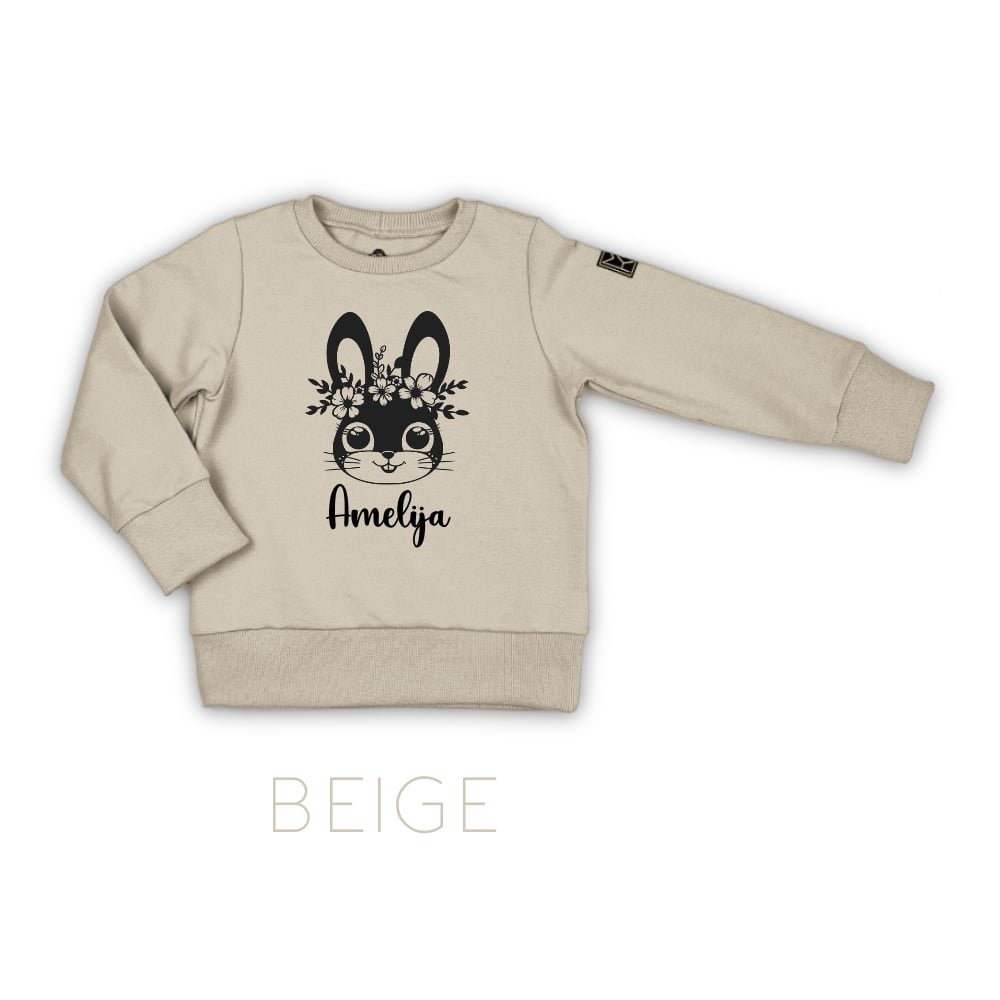 Geleto zuikio džemperis beige Džemperis su zuikiu, dekoruotas gelemis. Džemperis su zuikiu ir vardu