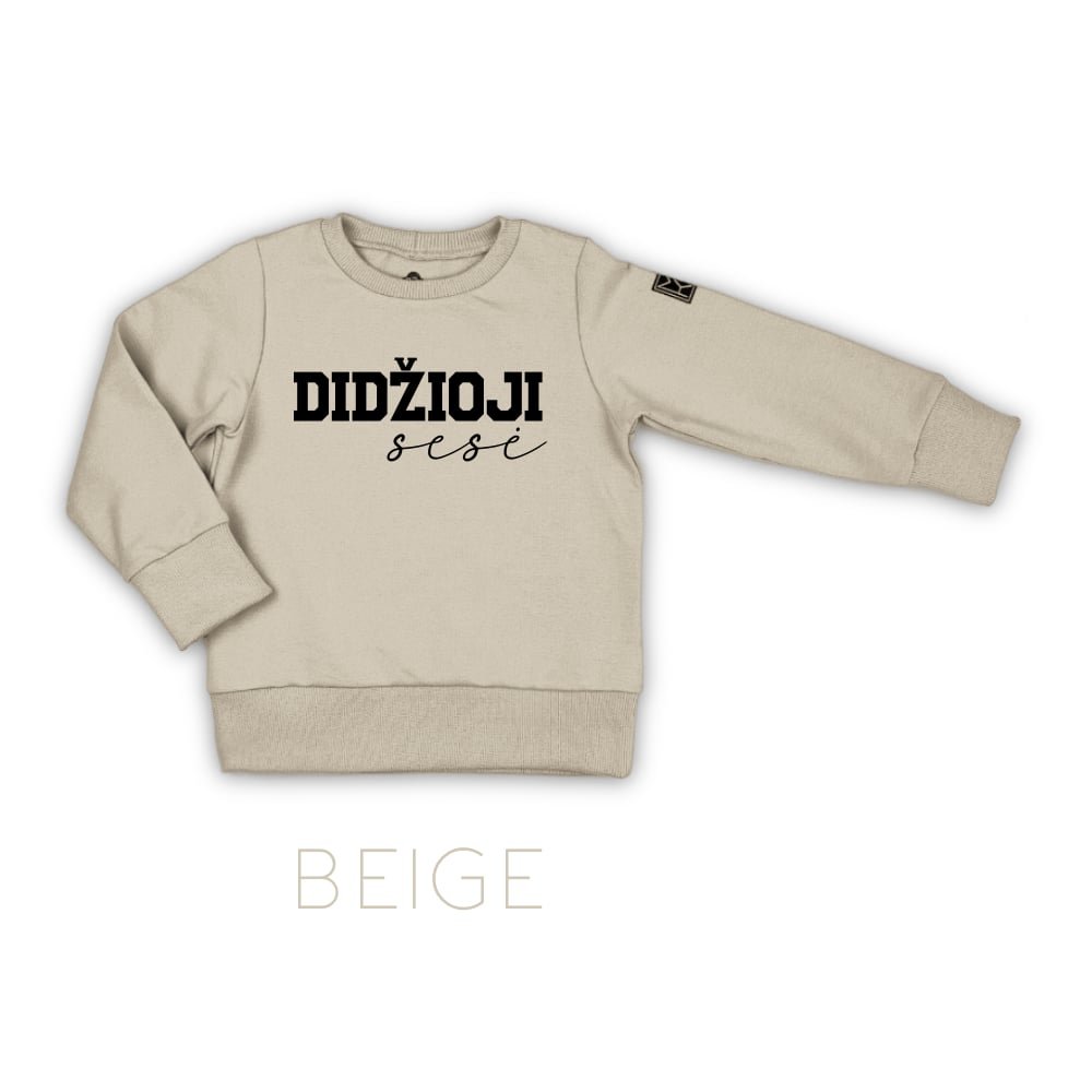 džemperis didžioji sesė beige lietuviškas džemperis stilingiems vaikams. Kokybiški vaikų drabužiai internetu sukurti Lietuvoje. Rankų darbo.Stilingi vaikų rūbai internetu, vaikų drabužiai, vaikų apranga, laisvalaikio kostiumas, laisvalaikio kostiumėlis, rankų darbo drabužiai vaikams, vaikų drabužiai, drabužiai vaikams