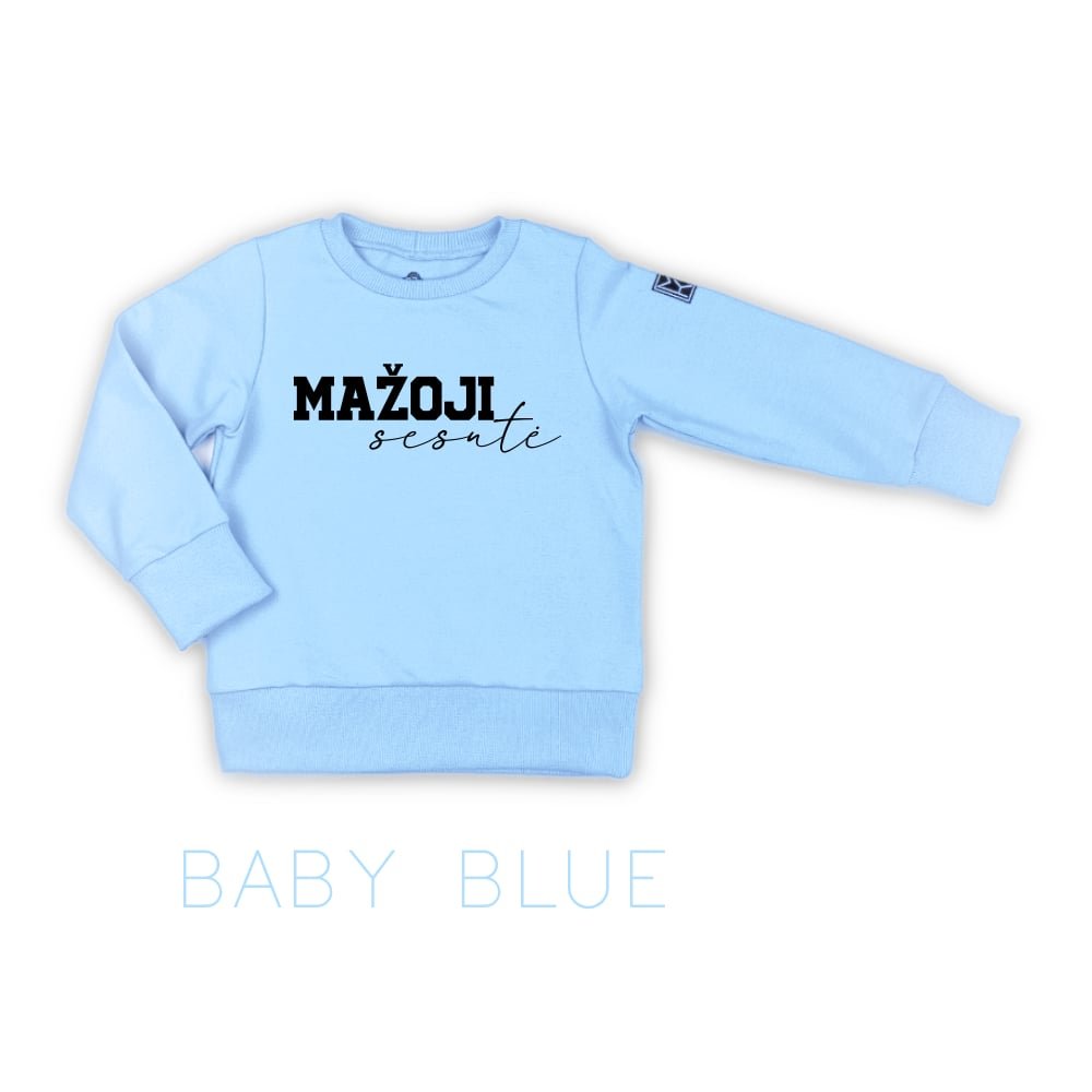 džemperis mažoji sesutė baby blue lietuviškas džemperis stilingiems vaikams. Kokybiški vaikų drabužiai internetu sukurti Lietuvoje. Rankų darbo.Stilingi vaikų rūbai internetu, vaikų drabužiai, vaikų apranga, laisvalaikio kostiumas, laisvalaikio kostiumėlis, rankų darbo drabužiai vaikams, vaikų drabužiai, drabužiai vaikams