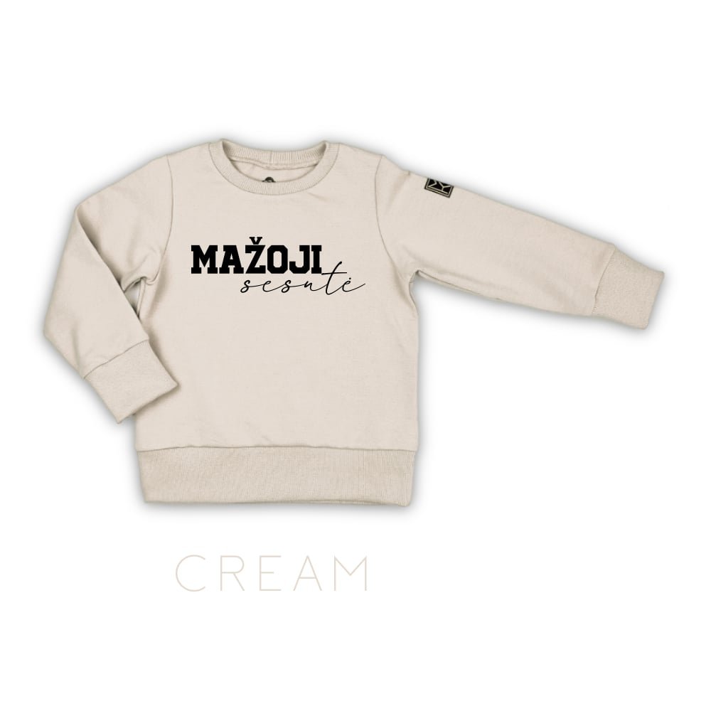 džemperis mažoji sesutė cream lietuviškas džemperis stilingiems vaikams. Kokybiški vaikų drabužiai internetu sukurti Lietuvoje. Rankų darbo.Stilingi vaikų rūbai internetu, vaikų drabužiai, vaikų apranga, laisvalaikio kostiumas, laisvalaikio kostiumėlis, rankų darbo drabužiai vaikams, vaikų drabužiai, drabužiai vaikams