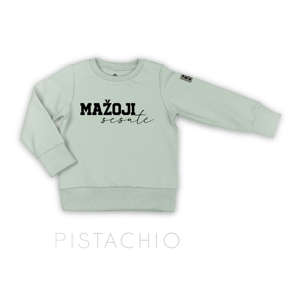 džemperis mažoji sesutė pistachio lietuviškas džemperis stilingiems vaikams. Kokybiški vaikų drabužiai internetu sukurti Lietuvoje. Rankų darbo.Stilingi vaikų rūbai internetu, vaikų drabužiai, vaikų apranga, laisvalaikio kostiumas, laisvalaikio kostiumėlis, rankų darbo drabužiai vaikams, vaikų drabužiai, drabužiai vaikams
